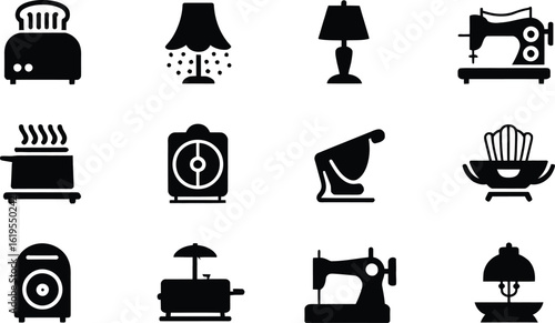 A collection of twelve black household appliance icons on a white background flat lay
