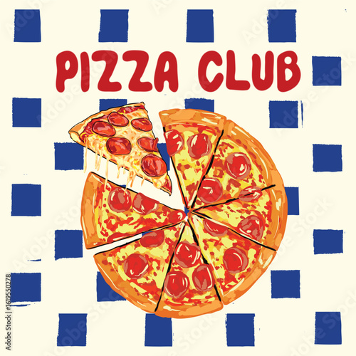 Pizza Club Poster with Retro Blue Checkered Background – Vintage Food Art