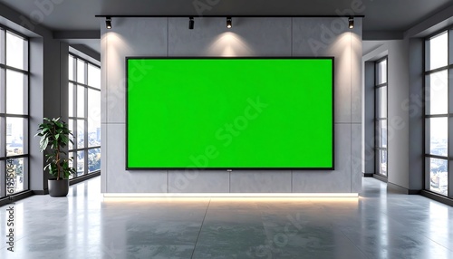 Modern room with large green screen