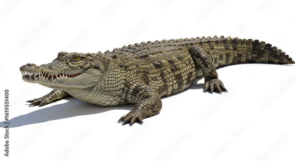 Fototapeta premium Large Crocodile Sunbathing on Bank Transparent Background