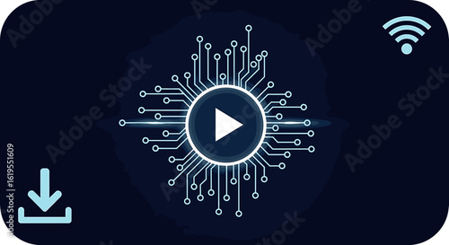 Digital Connectivity: A digital rendering that depicts a futuristic tech concept with an integrated play button, wifi signal, and download symbol.