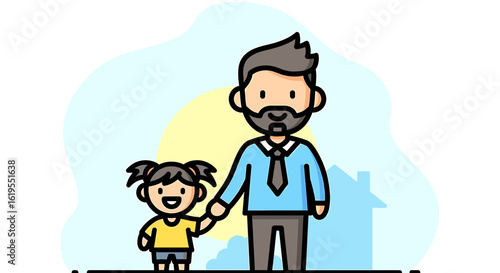 Father and Daughter Together: A heartwarming illustration of a father holding his daughter's hand, embodying love and guidance, creating a scene of familial bond and mutual support. 