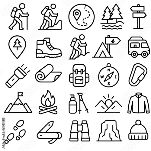 Wallpaper Mural hiking and outdoor activity icons including boots, campfire, mountains and tents Torontodigital.ca