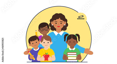 Classroom Harmony: A heartwarming portrayal of a teacher embracing a diverse group of young children, signifying unity, education, and the joys of learning.