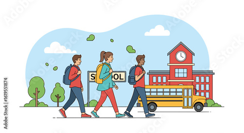 School's Out: A colorful illustration captures the excitement of school's out as three students, backpacks in tow, walk cheerfully. A sunny day and school building, school bus set the stage.