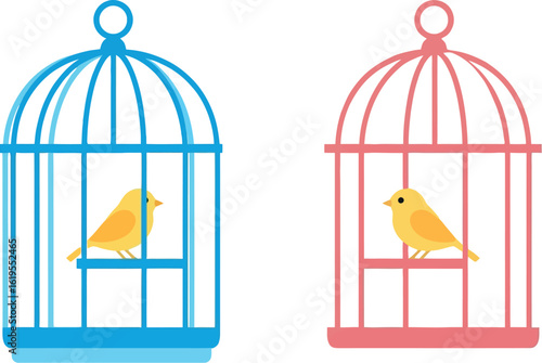 Birdcage vector illustration: blue and pink bird cages with yellow canaries