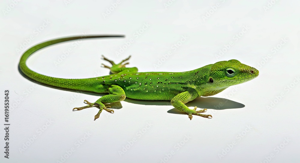 Fototapeta premium Green Lizard Basking on Isolated Pure White Background