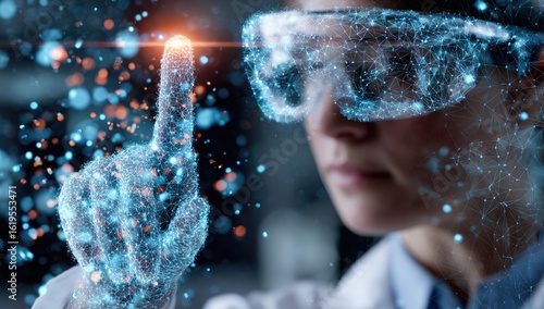 Woman in VR glasses touches digital interface
