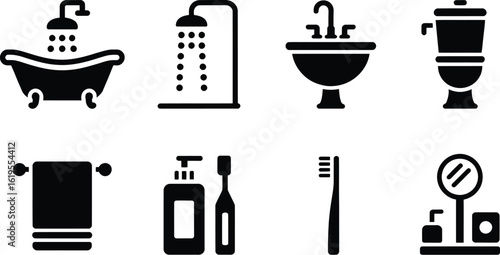 A set of bathroom icons including a bathtub, shower, sink, toilet, and accessories
