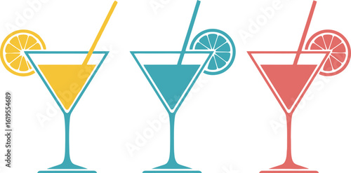 Cocktail drinks vector illustration with lemon lime and grapefruit garnish art