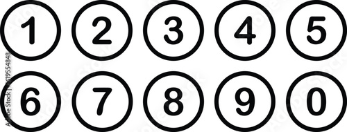Black Number Icons from Zero to Nine in Circles, Ideal for Countdowns, Lists, Step-by-Step Instructions, and Educational Content, Flat Vector Illustration