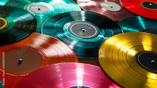 A diverse collection of vinyl records displayed artistically showcasing music and nostalgia