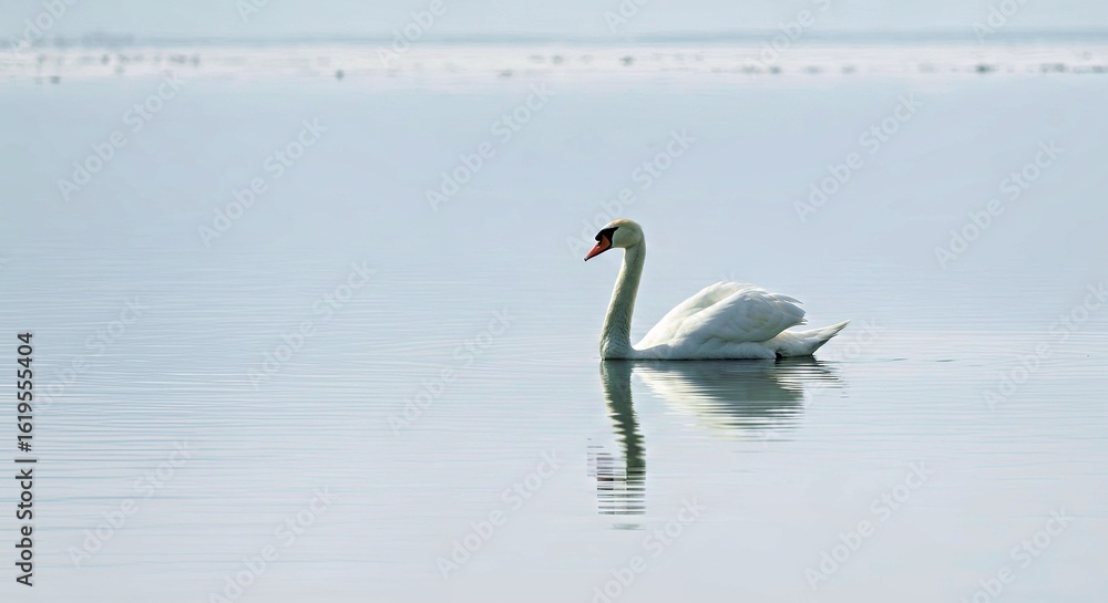 Fototapeta premium Elegant Swan Gliding Serene Lake Water Calm Reflections