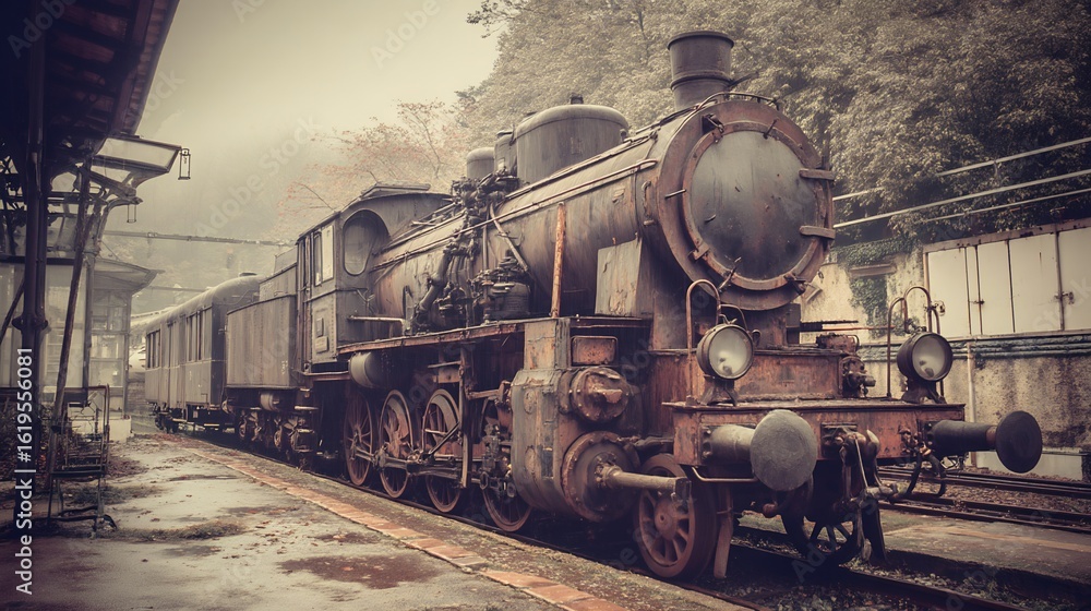 Naklejka premium Train engine positioned on train track at deserted station with faded tones and abandoned setting