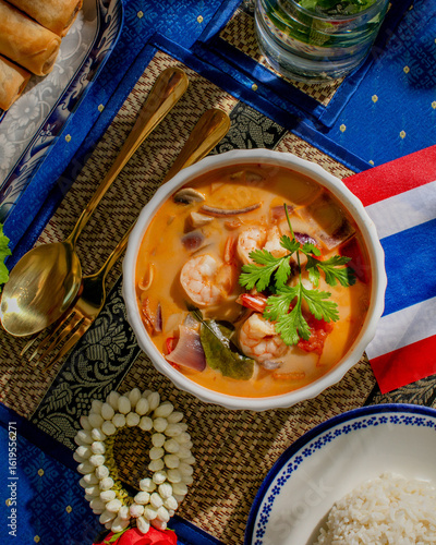 Obraz na plátně Silken prawns cavort in a fiery tom yum bath, invoking Songkran's jubilance and