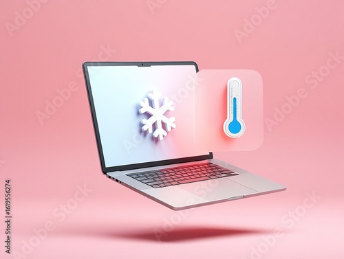 Laptop with snowflake and thermometer icons indicating temperature control
