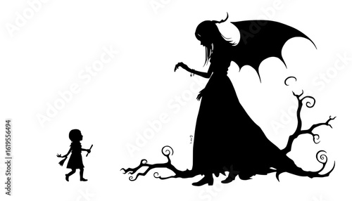 a silhouette of a child facing a dark fairy with bat wings and gnarled tree roots as a dress