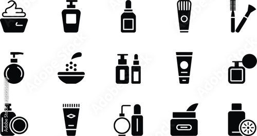 Illustration of various cosmetic and beauty products in black silhouette style