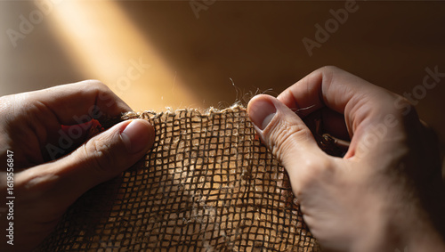 Hands carefully examining the edge of a rough burlap sack under soft natural light close up shot with texture and detail