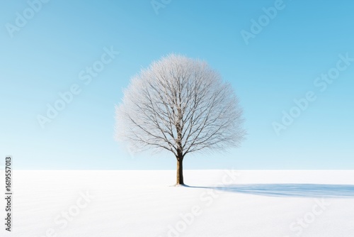Lone frosted tree in snowy winter landscape with clear blue sky and crisp light creating peaceful minimalist background scene. Ai generative