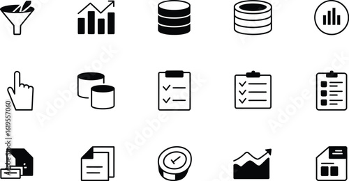 Collection of business and data analysis related icons in black and white style