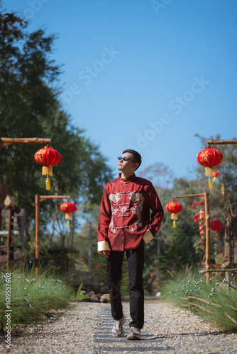 A man dressed in Chinese New Year clothing
