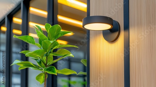 Modern Black Wall Lamp on Wooden Exterior Wall with Green Plant