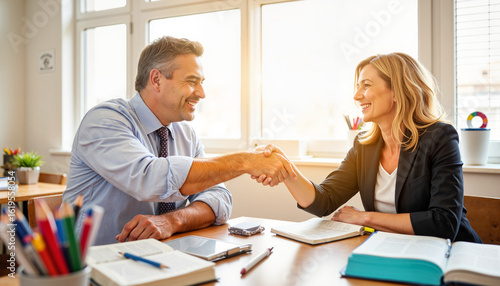 Parents and teacher handshake in school office at midday, collaboration