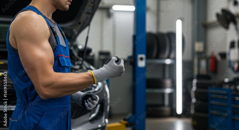 Fototapeta premium Garage Mechanic Fixing Vehicle Underside with Toolkit on Clean Workshop Floor