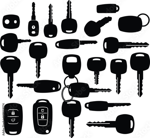 Vast Collection of Traditional & Smart Car Keys and Remote Fobs in Silhouette, Ideal for Automotive Security, Entry, and Diagnostic Services.