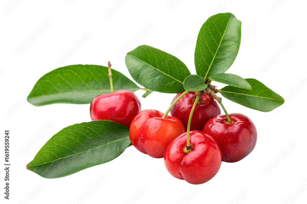 Obraz premium Fresh acerola cherries with leaves isolated on transparent background