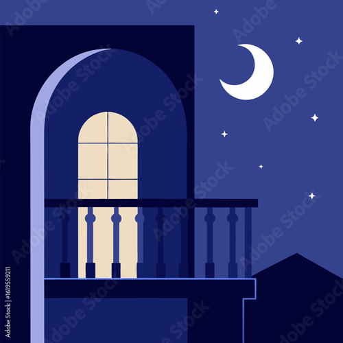 A night balcony by moonlight vector landscape background.
