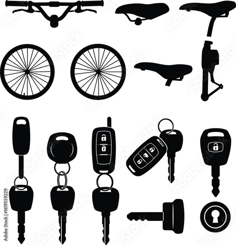 Extensive Collection of Bicycle Components & Various Keys in Silhouette, Essential for Cycling, Automotive, and Security-Themed Design Projects.