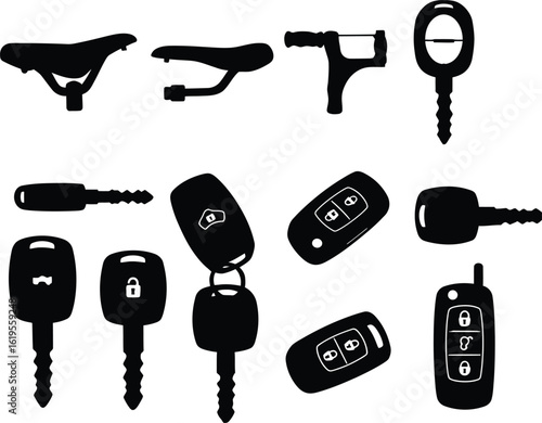Versatile Collection of Bicycle Saddles & Various Automotive Keys/Fobs in Silhouette, Ideal for Transportation and Security-Related Designs.