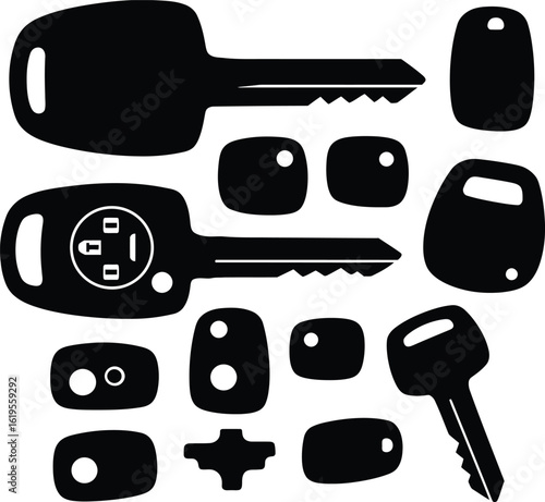 Diverse Set of Car Key Blanks & Internal Components in Silhouette, Essential for Automotive Locksmith, Security, and Replacement Key Services.