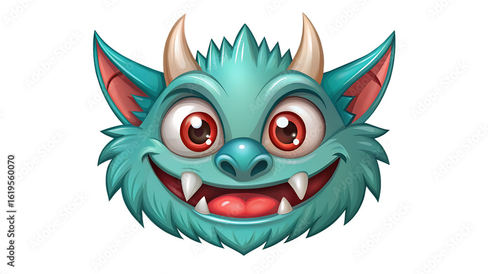 Fototapeta premium Cartoon Monster Head with Horns and Big Eyes on transparent background on white background
