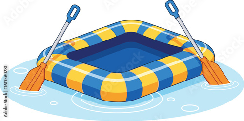 Inflatable raft with colorful checkered pattern, floating on water, outdoor summer fun, paddles included, boating equipment, recreational water activity design
