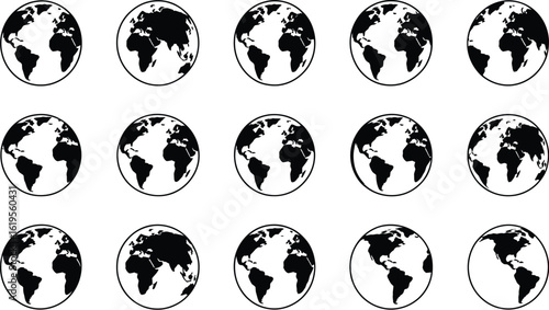 Fifteen earth globes in black and white arranged in a rectangular grid pattern