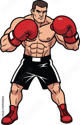 Strong male boxer in red gloves, muscular physique, fighting stance, fitness training, sportswear, intense focus, athletic illustration, competitive boxing artwork