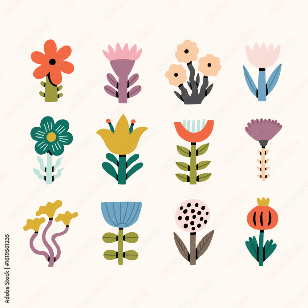Fototapeta premium Spring Nordic Flower with Leaf Icon Set. Cute Floral Plant Element Collection. Vector Flat Illustration