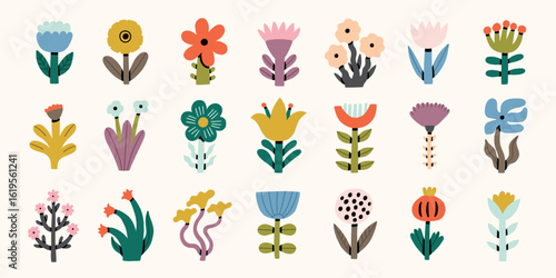 Spring Flower with Leaf Icon Set. Cute Floral Plant Element Collection. Vector Flat Illustration
