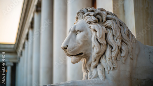 Majestic Marble Lion Statue with Column Background Sculpture of a Regal Feline Guarding Entrance to Historic Building with Classical Architecture