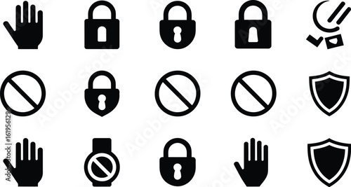 A collection of black and white security and restriction icons on a white background