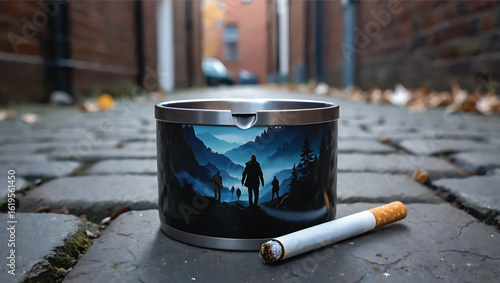 Metal Ashtray with Illustration and Cigarette on Cobblestone Street a Study in Urban Decay and Solitude