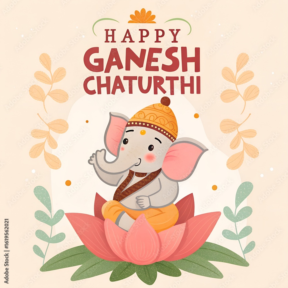 Fototapeta premium Flat Ganesh Chaturthi concept, Indian festival Ganesh Chaturthi banner with lord ganesh design 
