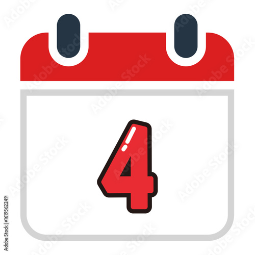 Vector calendar icon showing the number 4 in bold red, centered on a white calendar page with red top border. Suitable for planner apps, UI/UX design, and scheduling illustrations