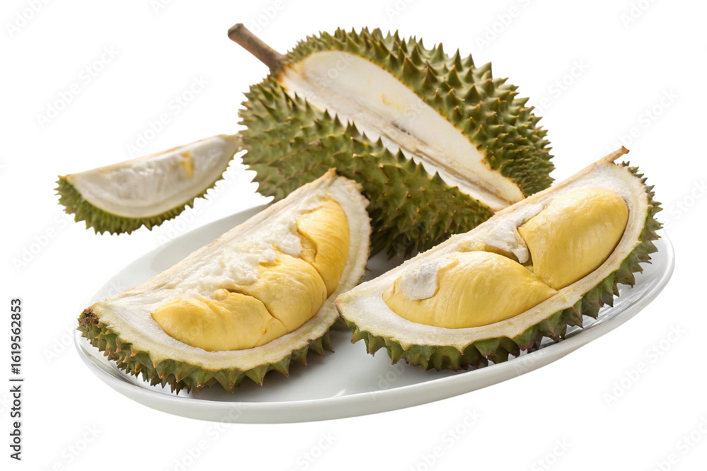 Fototapeta premium Fresh durian fruit slices on a plate isolated on transparent background