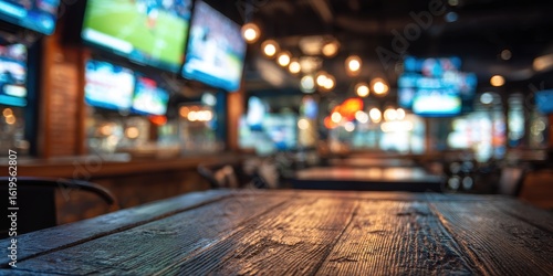 Blurry sports bar interior, wooden table