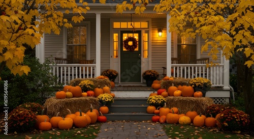 Autumn porch decor with pumpkins