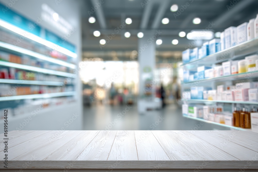 Pharmacy interior, blurred background, wooden table Pharmacy interior, blurred background, wooden table